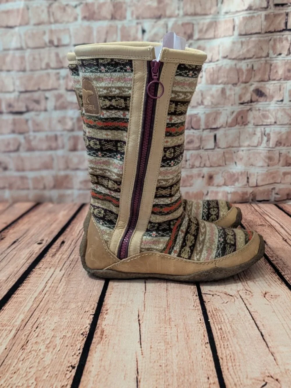 Sorel Norquay Patterned Tan Knit Mid-Calf Sweater Boots with Side Zip Size 8